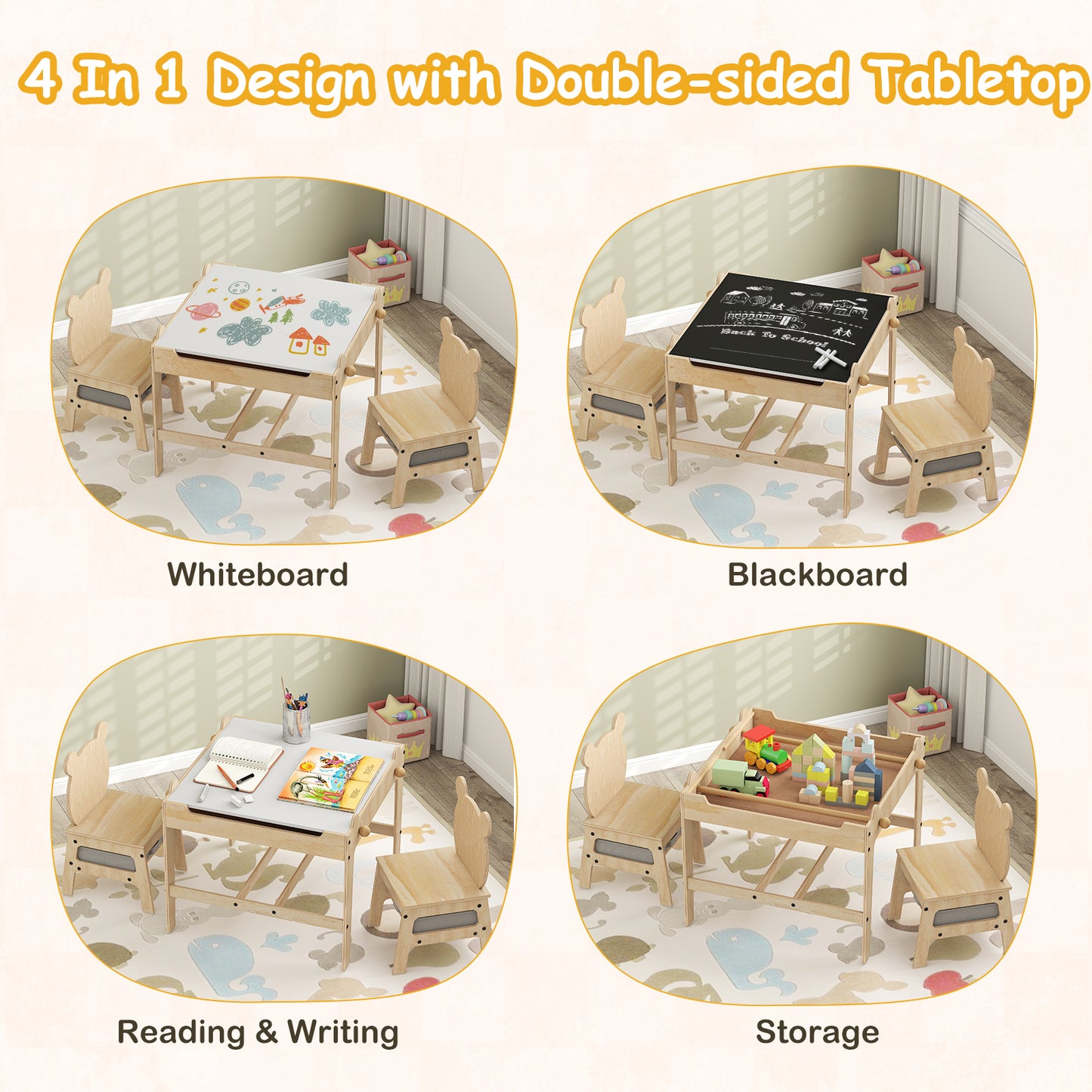 Kids Table and Chair Set with Reversible Whiteboard