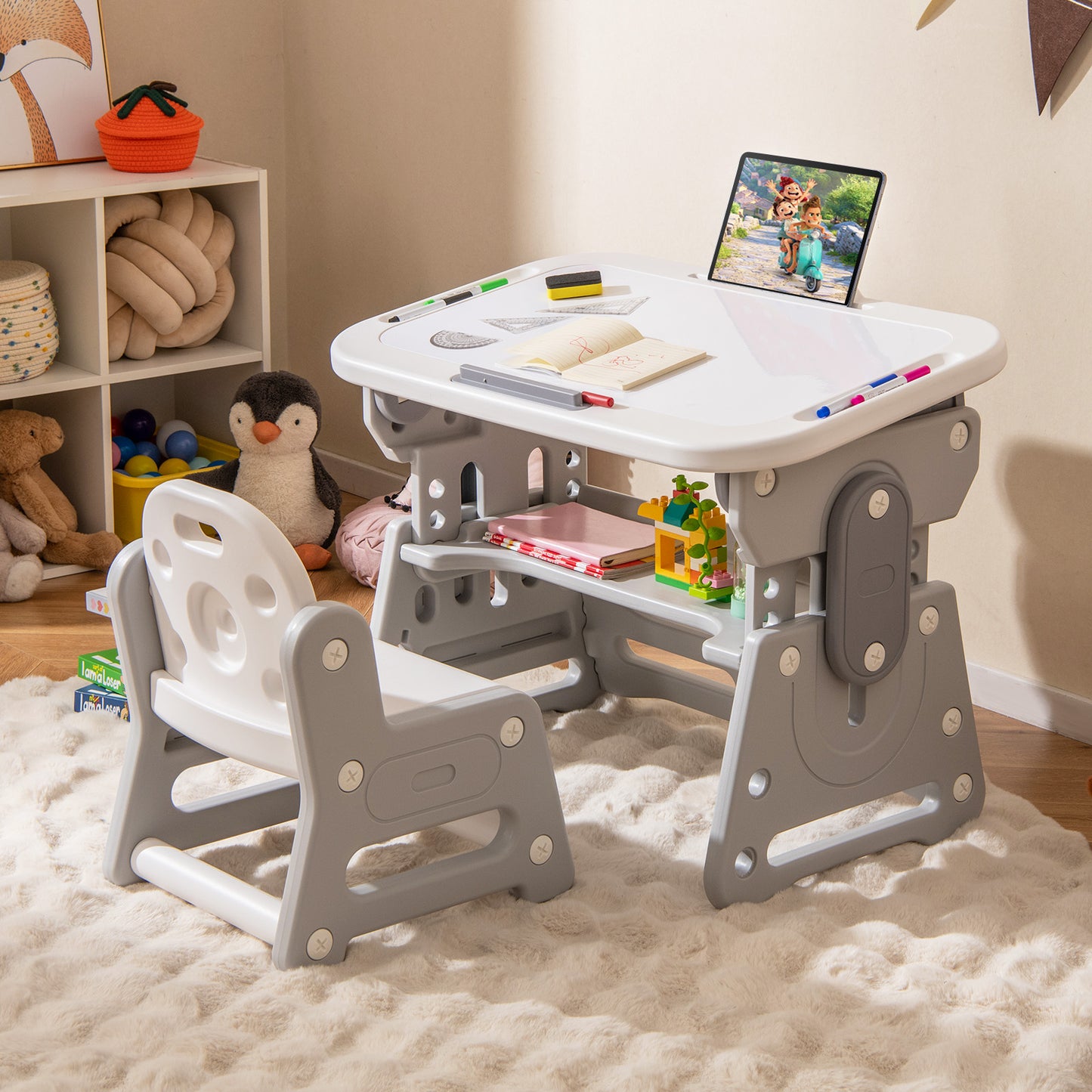 Height Adjustable Kids Table and Chair Set with Tiltable Whiteboard and Concave Shelf-Gray