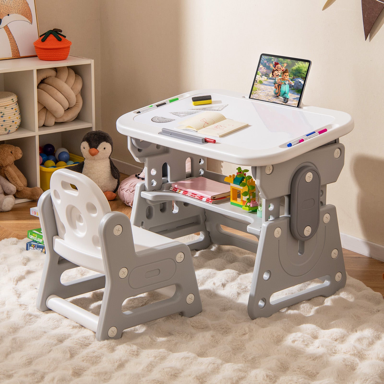 Height Adjustable Kids Table and Chair Set with Tiltable Whiteboard and Concave Shelf-Gray