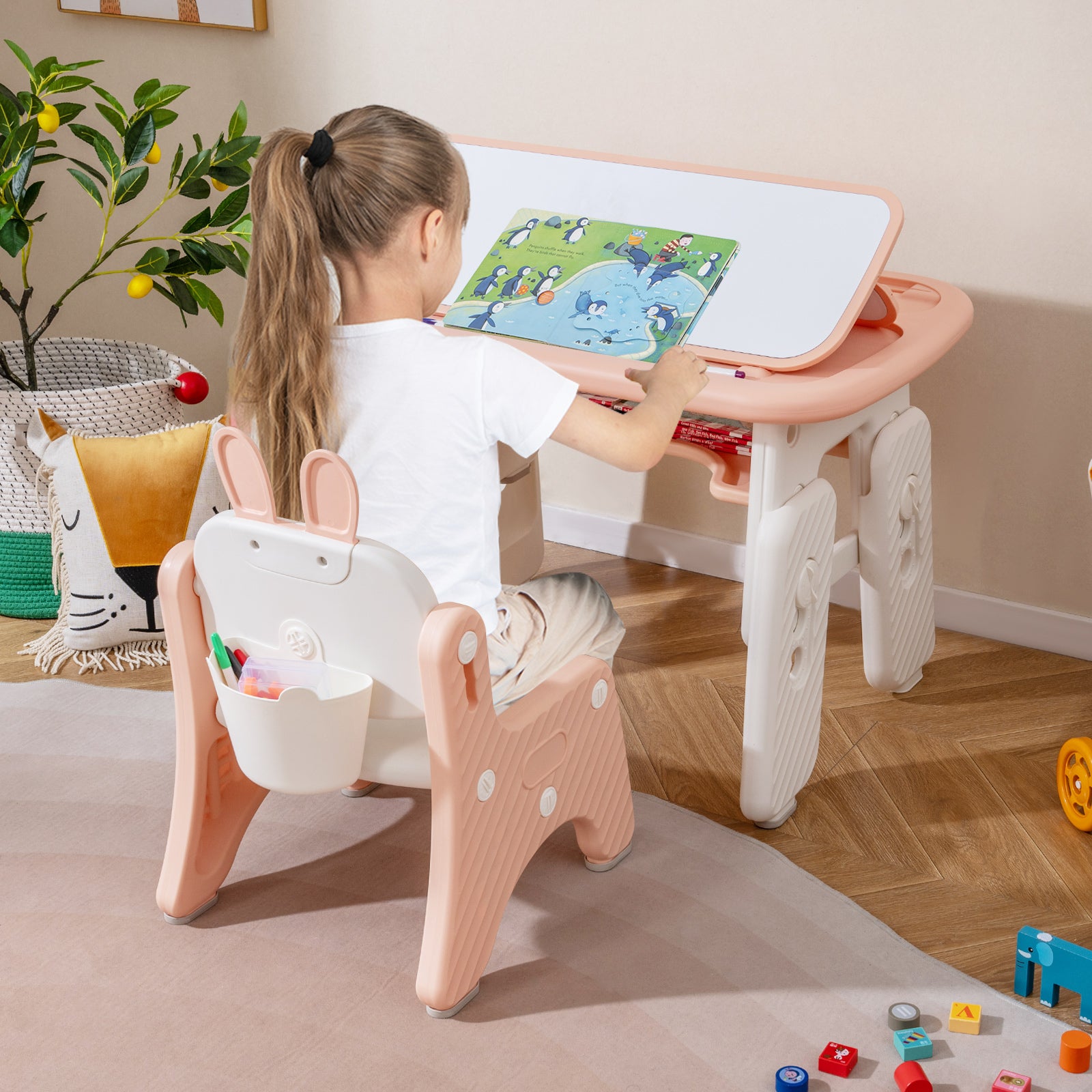 Kids Table and Chair Set with Flip-Top Bookshelf-Pink