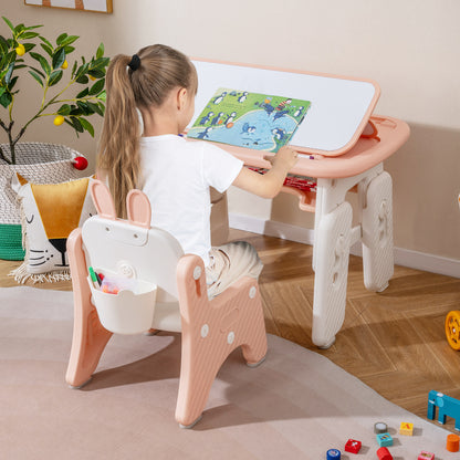 Kids Table and Chair Set with Flip-Top Bookshelf-Pink