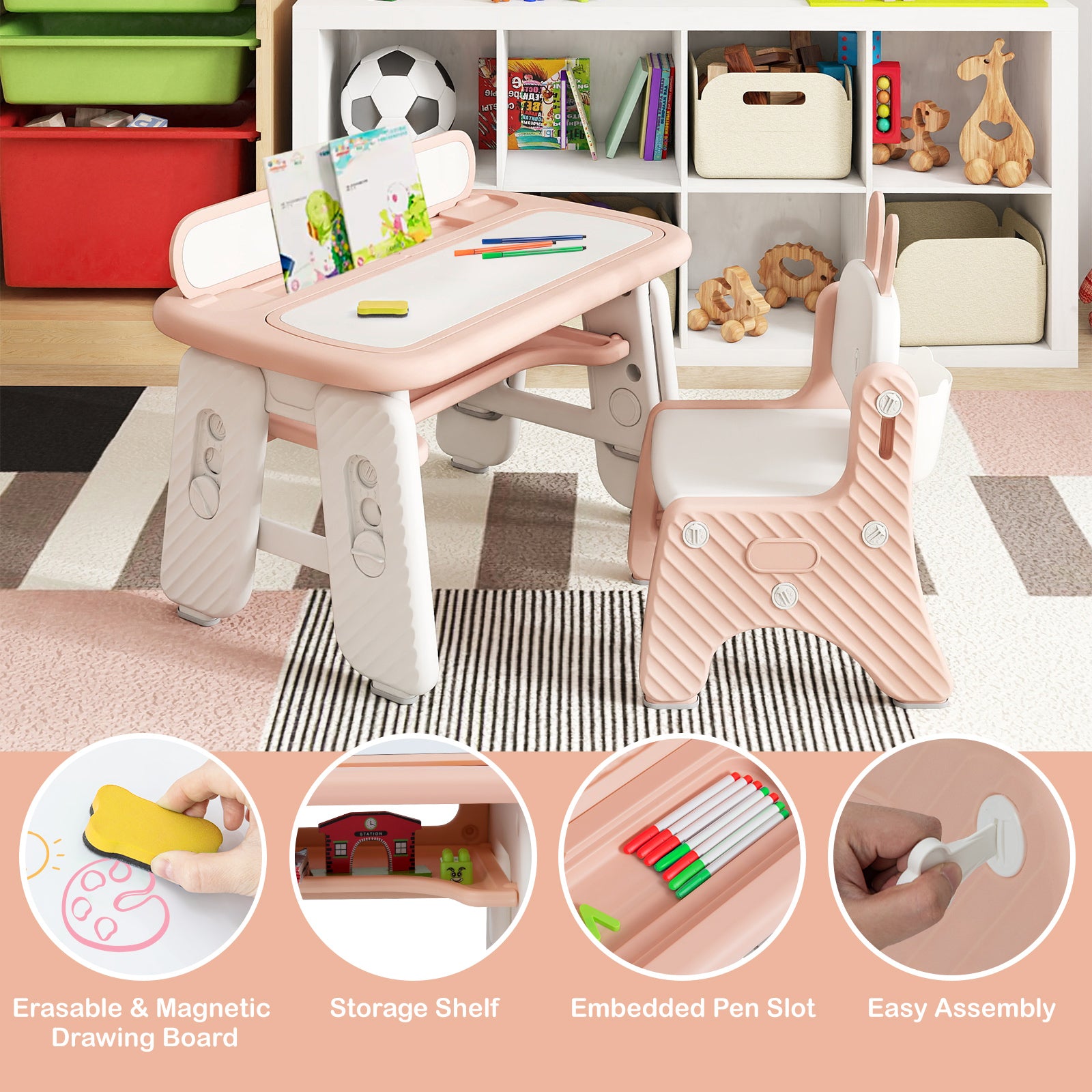Kids Table and Chair Set with Flip-Top Bookshelf-Pink
