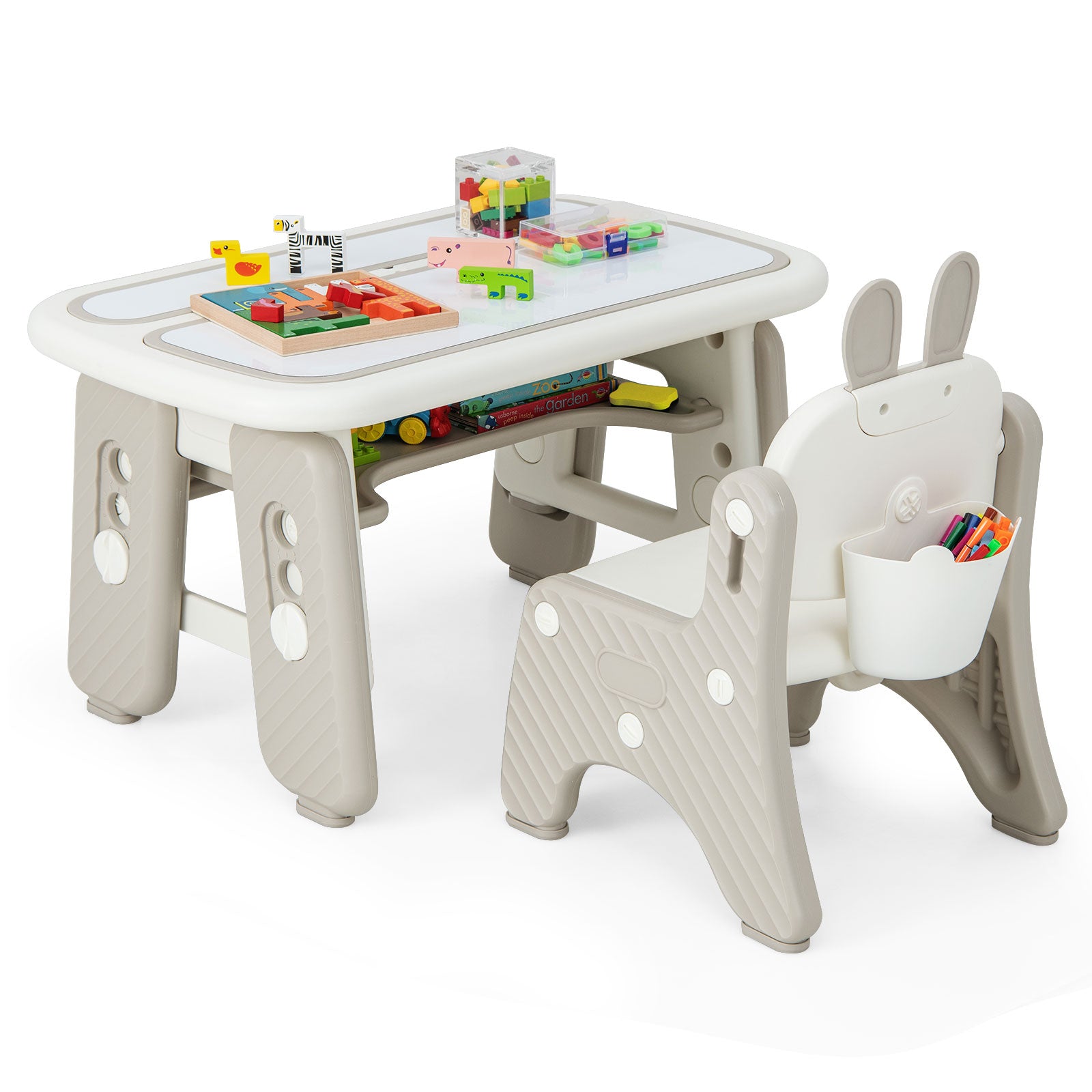 Kids Table and Chair Set with Flip-Top Bookshelf-Gray