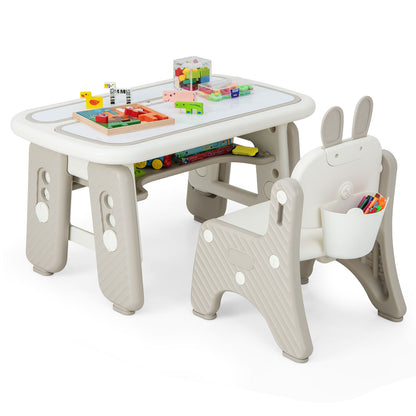 Kids Table and Chair Set with Flip-Top Bookshelf-Gray