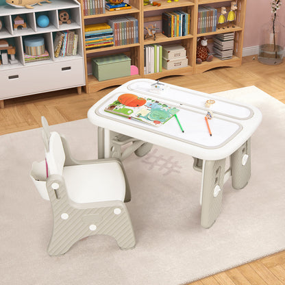 Kids Table and Chair Set with Flip-Top Bookshelf-Gray