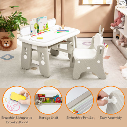 Kids Table and Chair Set with Flip-Top Bookshelf-Gray