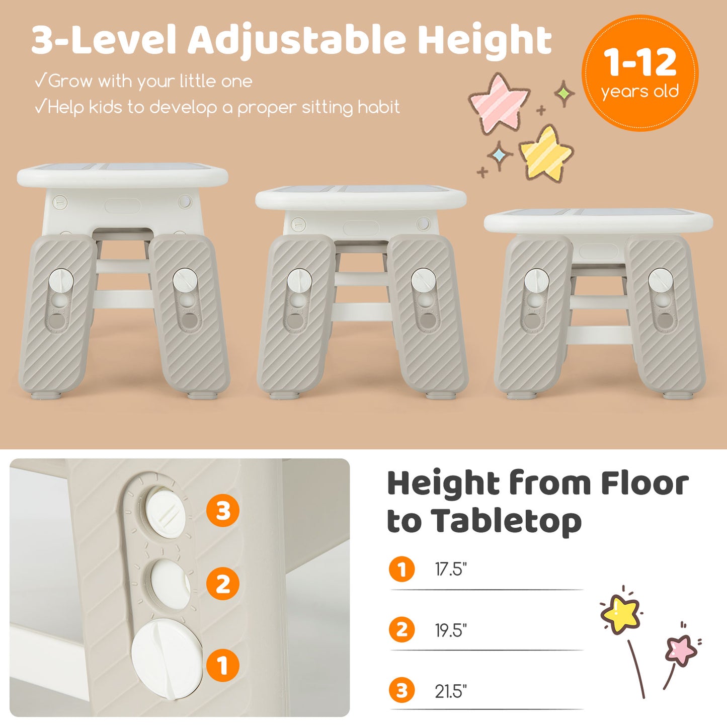 Kids Table and Chair Set with Flip-Top Bookshelf-Gray