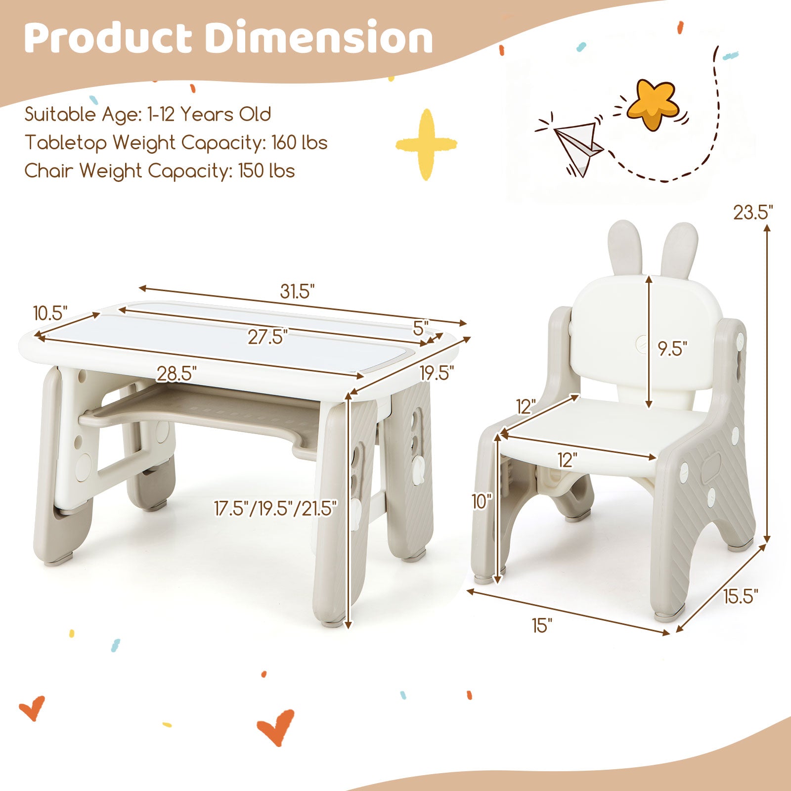 Kids Table and Chair Set with Flip-Top Bookshelf-Gray