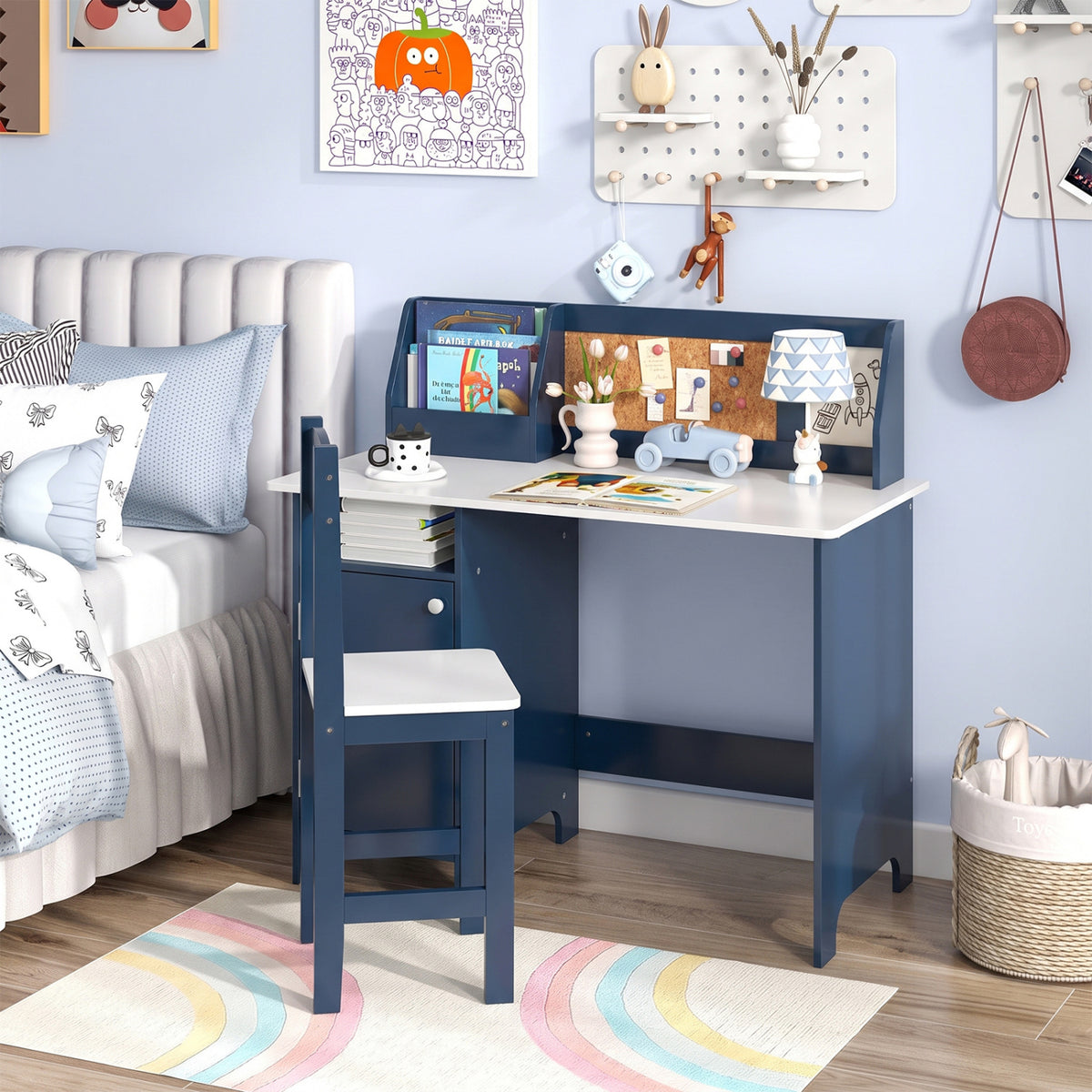 Kids Study Table and Chair Set with Bookshelf and Cabinet