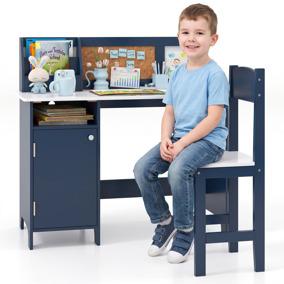 Kids Study Table and Chair Set with Bookshelf and Cabinet