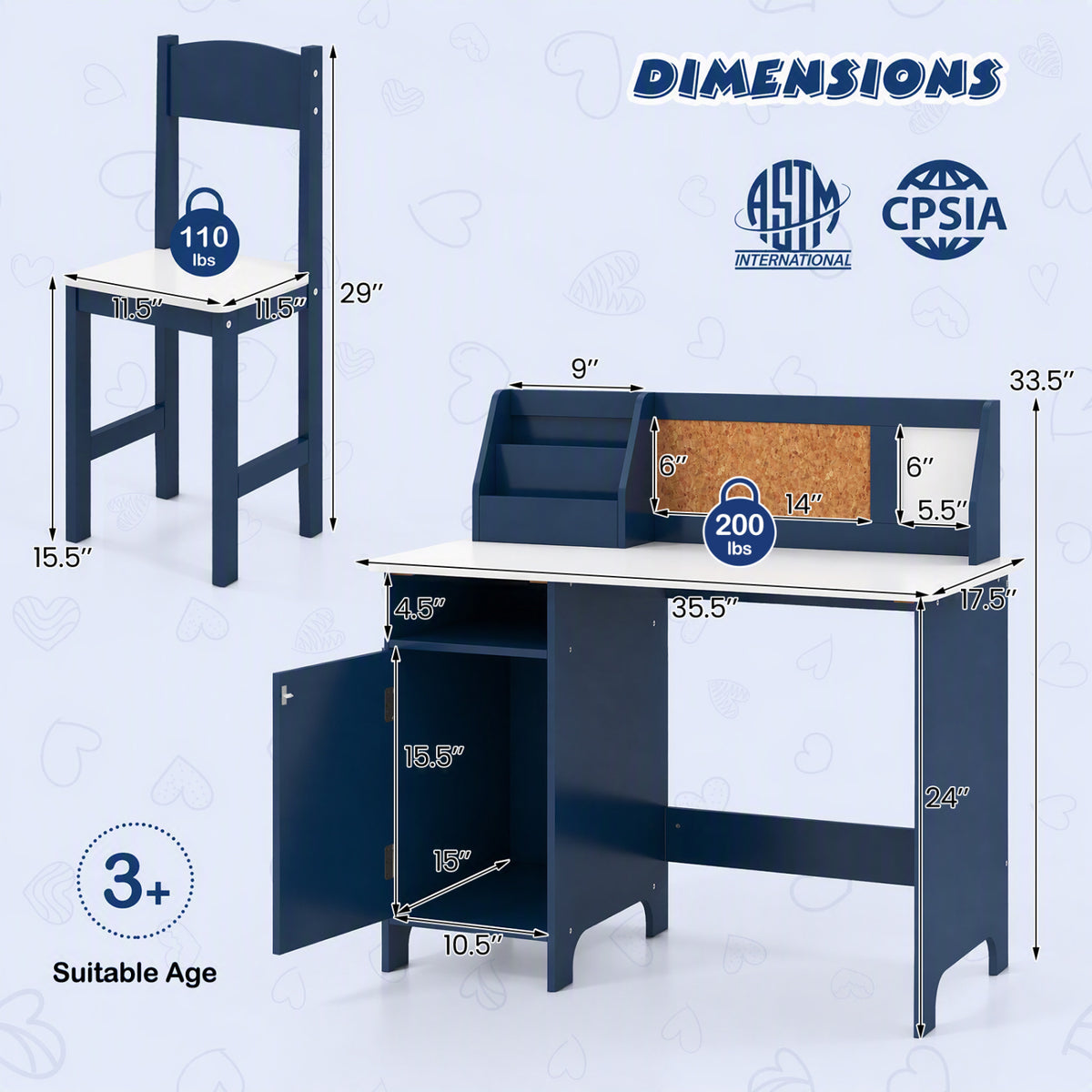 Kids Study Table and Chair Set with Bookshelf and Cabinet