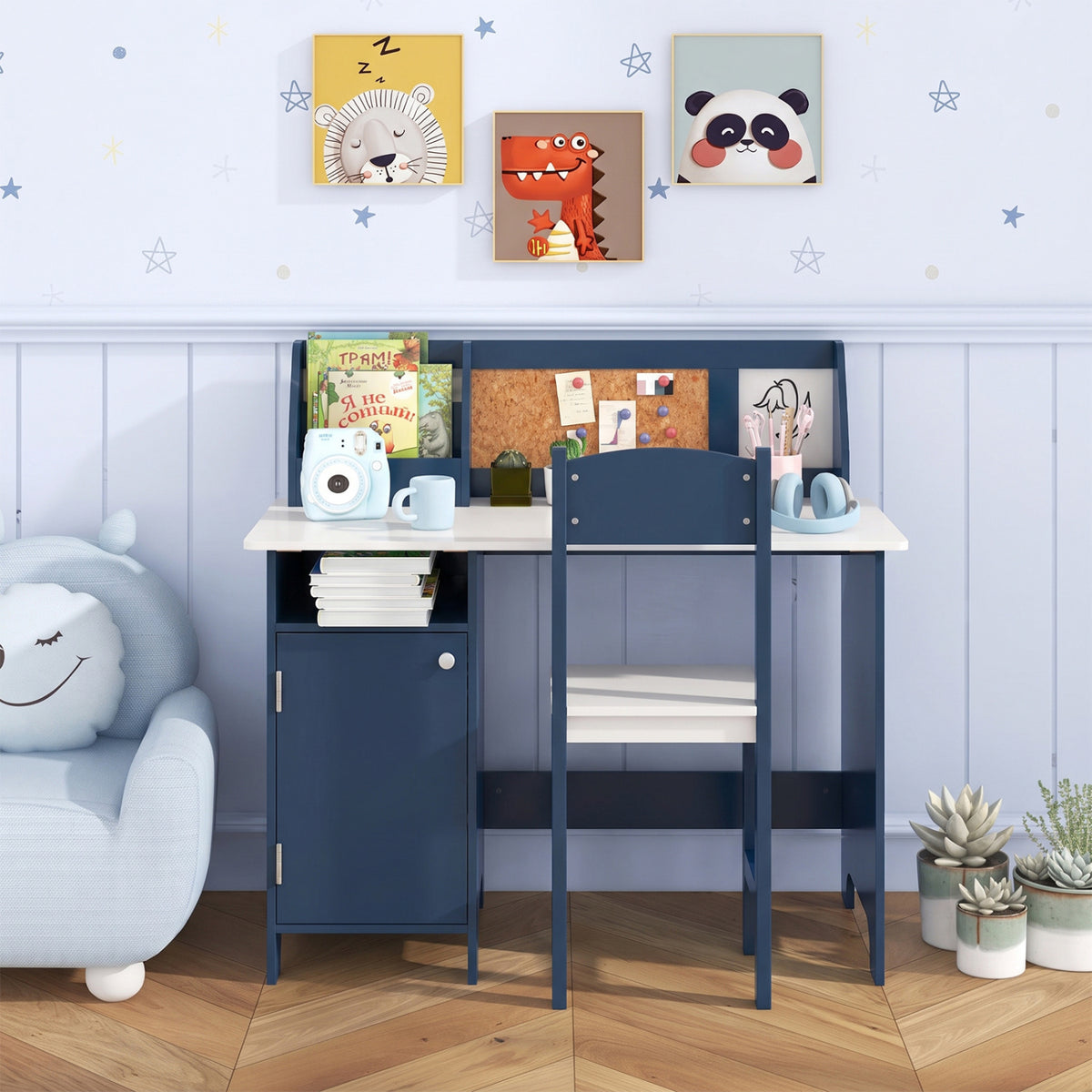 Kids Study Table and Chair Set with Bookshelf and Cabinet