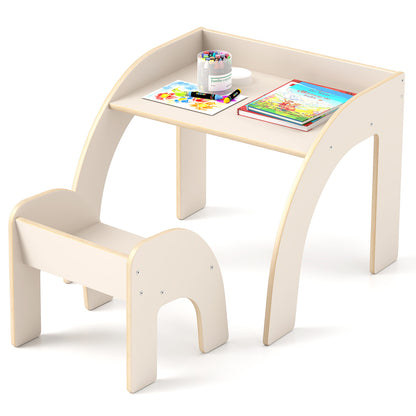 Kids Table and Chair Set with Wide Tabletop and Curved Edges for Kids Room-Natural - White