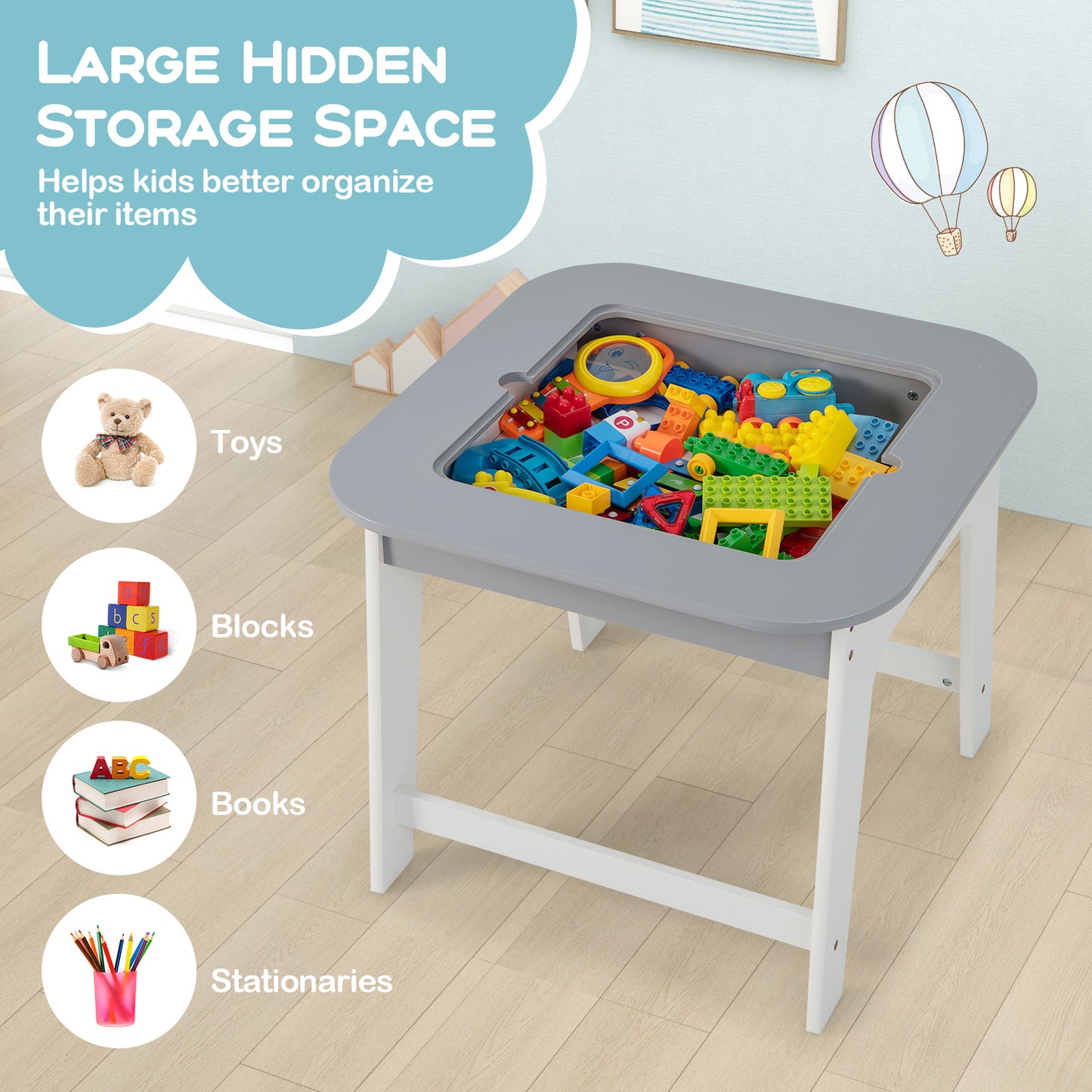 Kid's Table and Chairs Set with Double-sized Tabletop-Gray