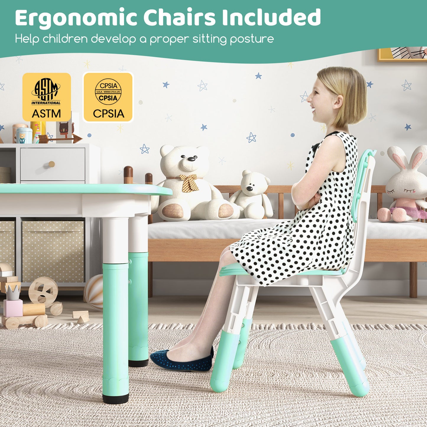 Kids Table and Chairs Set for 4 with Graffiti Desktop