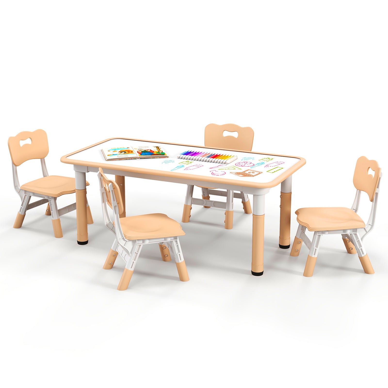 Kids Table and Chairs Set for 4 with Graffiti Desktop-Green - Natural