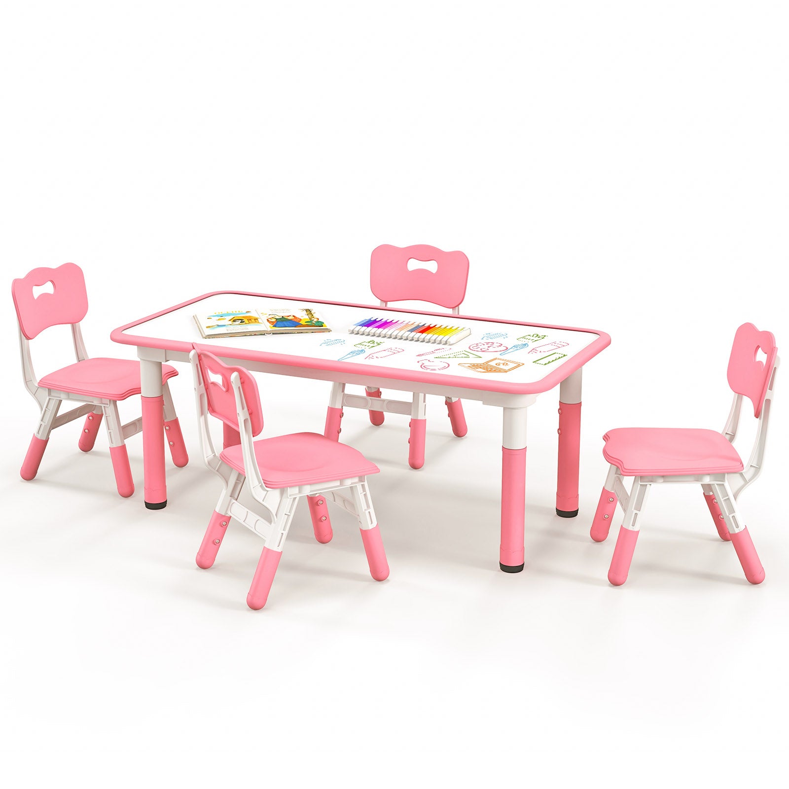 Kids Table and Chairs Set for 4 with Graffiti Desktop-Green - Pink