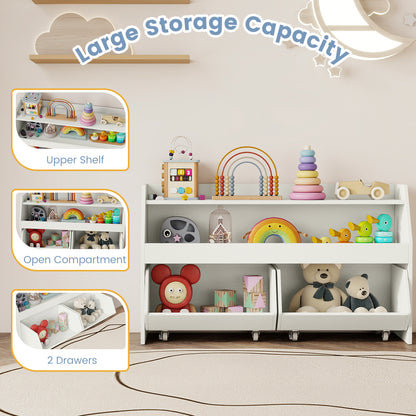Kids Toy Storage Organizer Wooden Bookcase with 2 Movable Drawers-White
