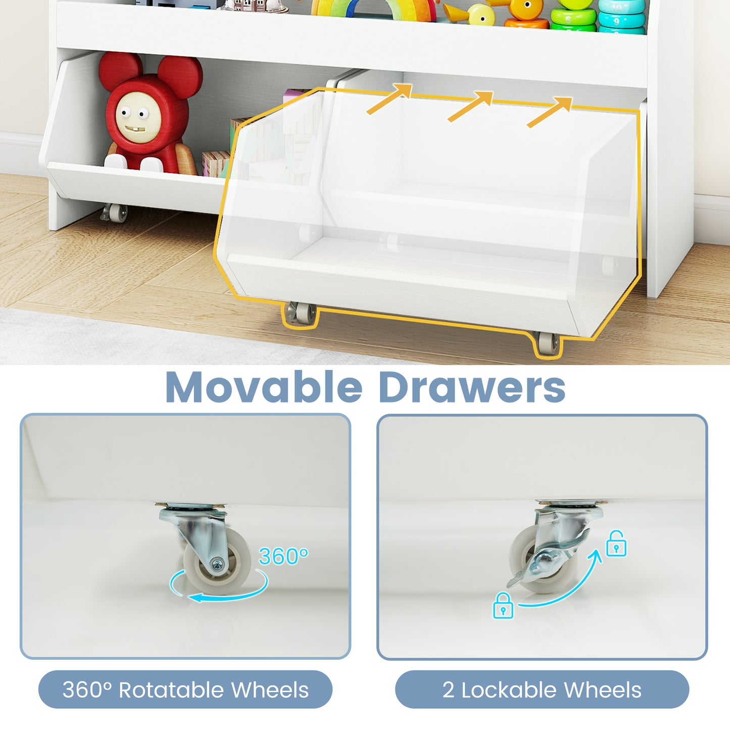 Kids Toy Storage Organizer Wooden Bookcase with 2 Movable Drawers-White