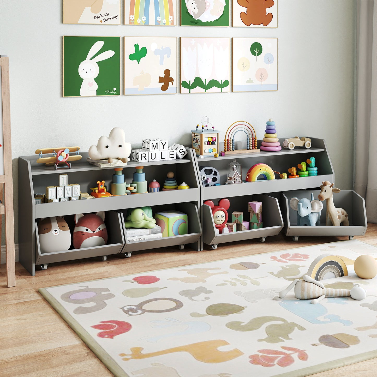 Kids Toy Storage Organizer Wooden Bookcase with 2 Movable Drawers-Gray