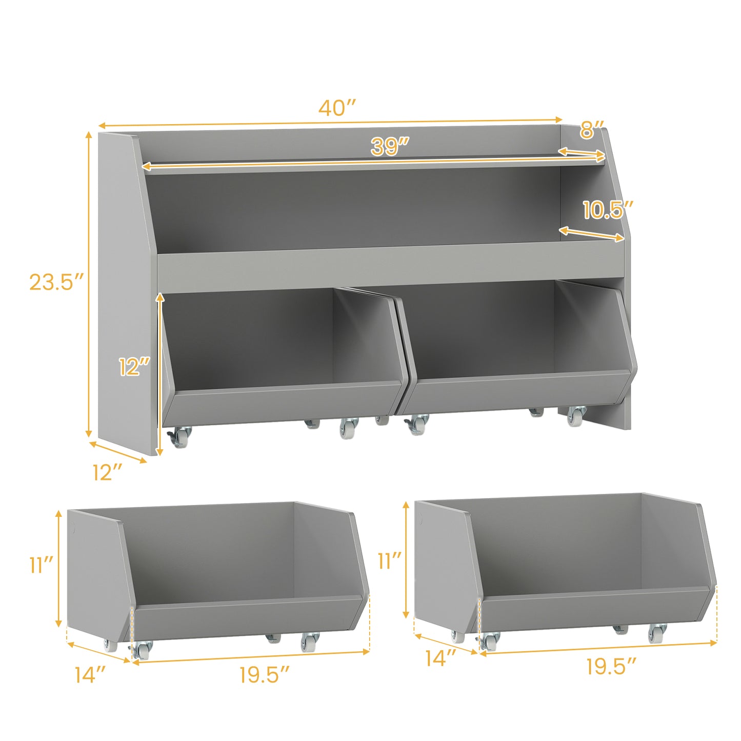 Kids Toy Storage Organizer Wooden Bookcase with 2 Movable Drawers-Gray