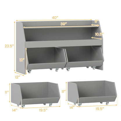 Kids Toy Storage Organizer Wooden Bookcase with 2 Movable Drawers-Gray
