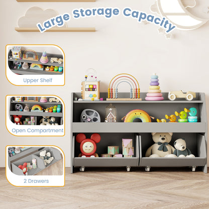 Kids Toy Storage Organizer Wooden Bookcase with 2 Movable Drawers-Gray