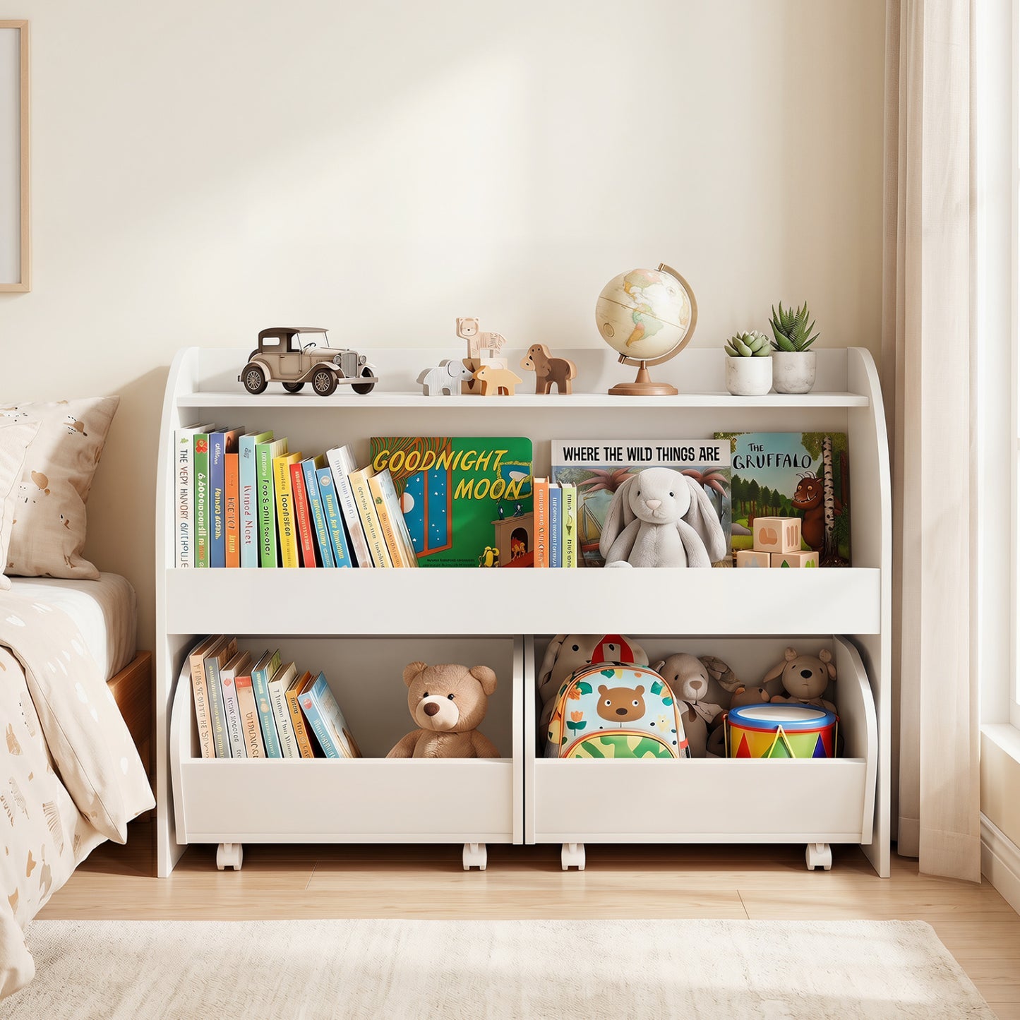 Kids Storage Organizer with Rolling Drawers & Bookshelf