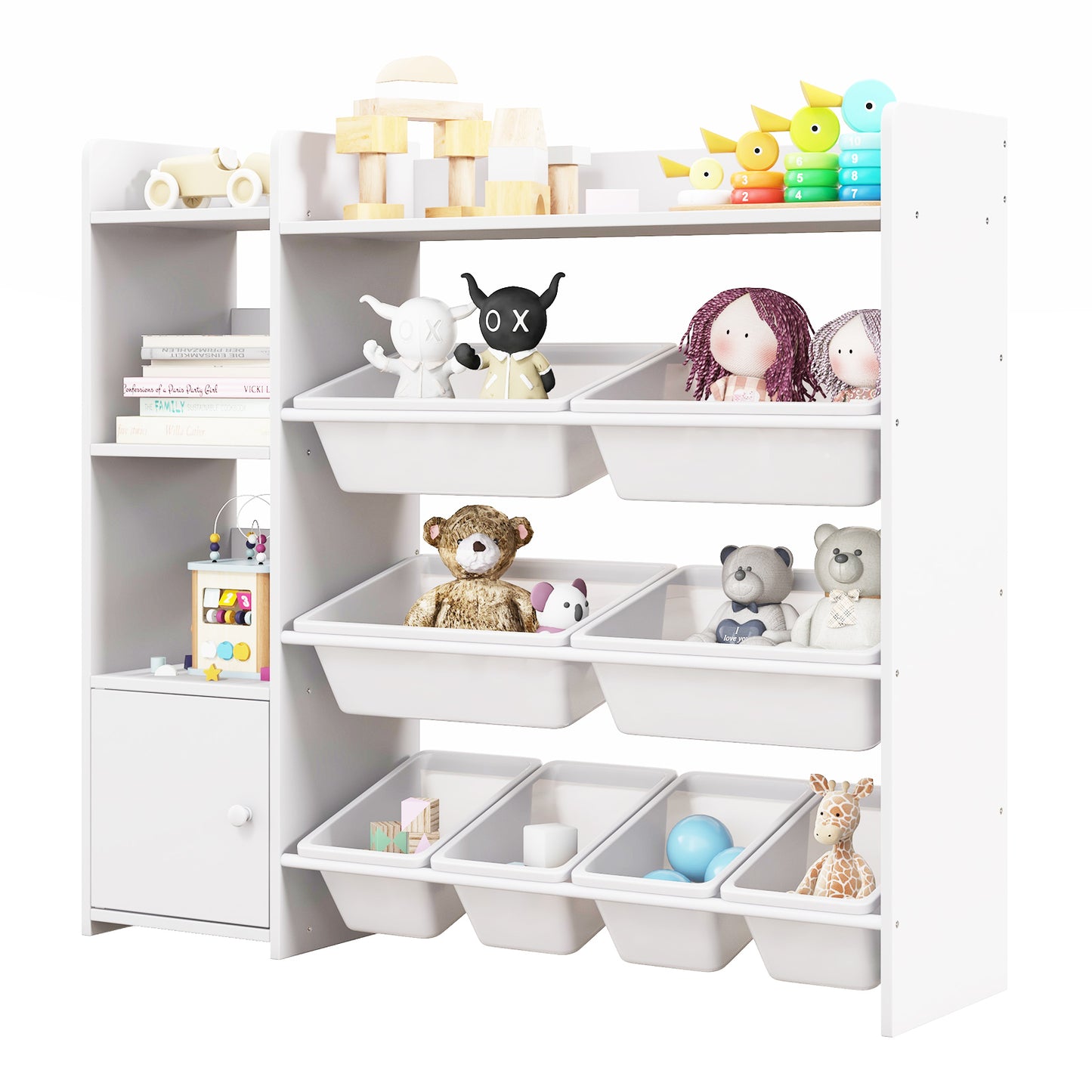 4-Tier Kids Bookshelf and Toy Storage Rack with 8 Toy Organizer Bins-Grey - White