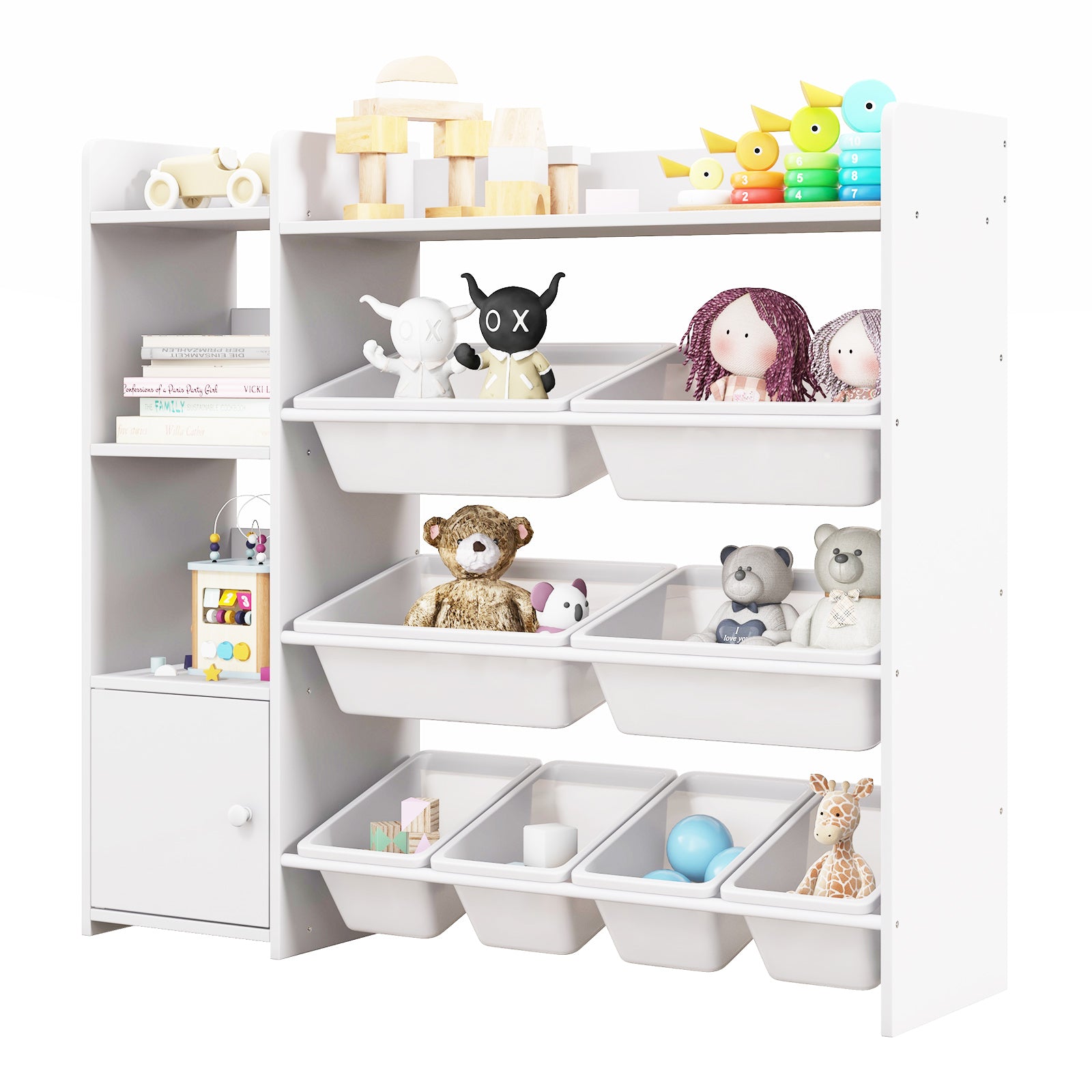 4-Tier Kids Bookshelf and Toy Storage Rack with 8 Toy Organizer Bins-Grey - White