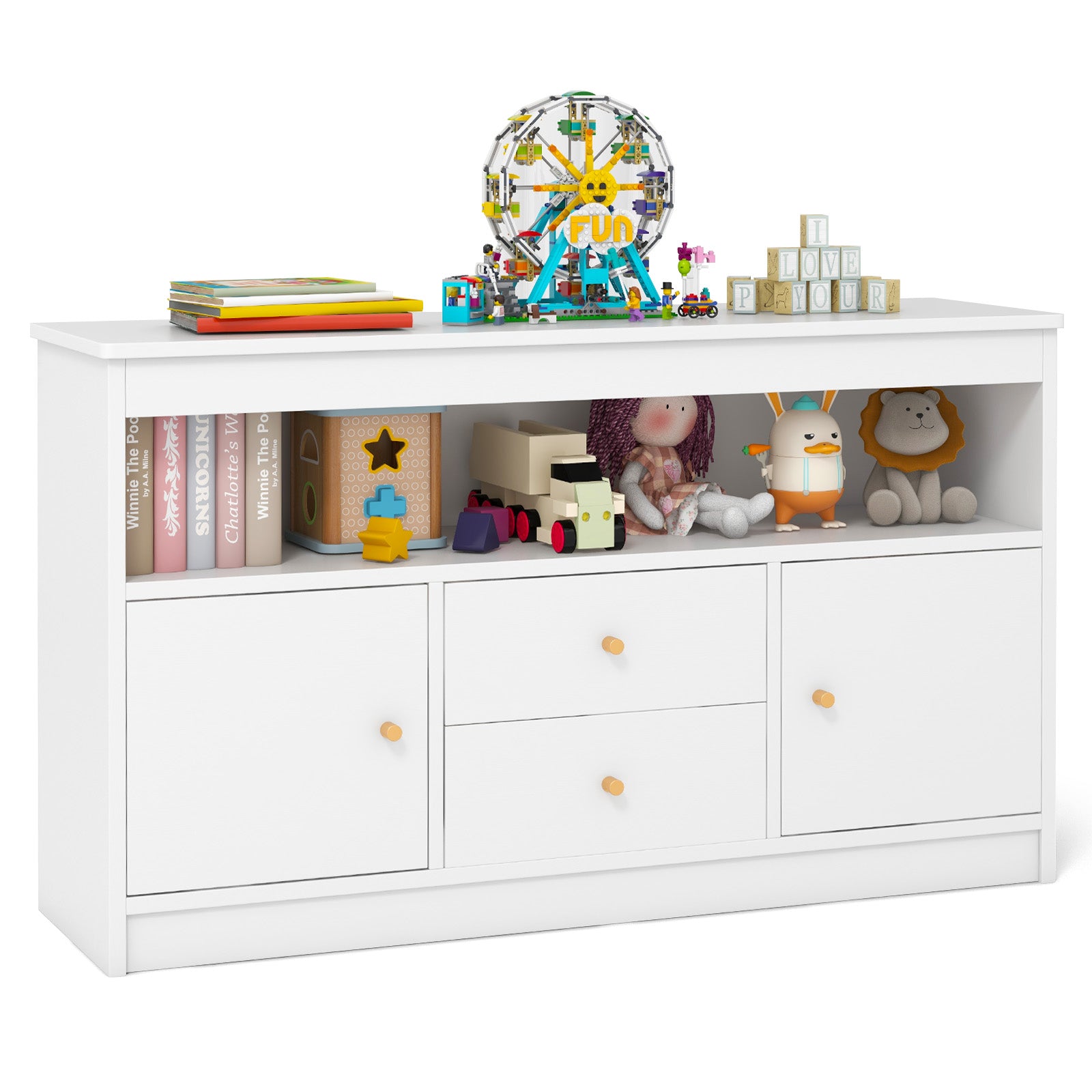 Kids Toy Storage Organizer with Open Shelf and 2 Drawers for Playroom-White - White