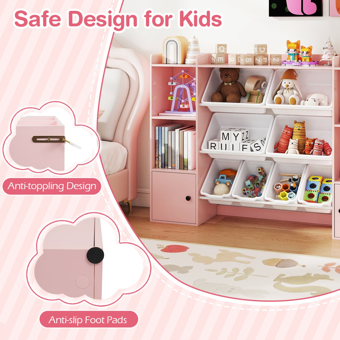 Kids Toy Storage and Bookshelf with Boxes and Open Shelves-Pink