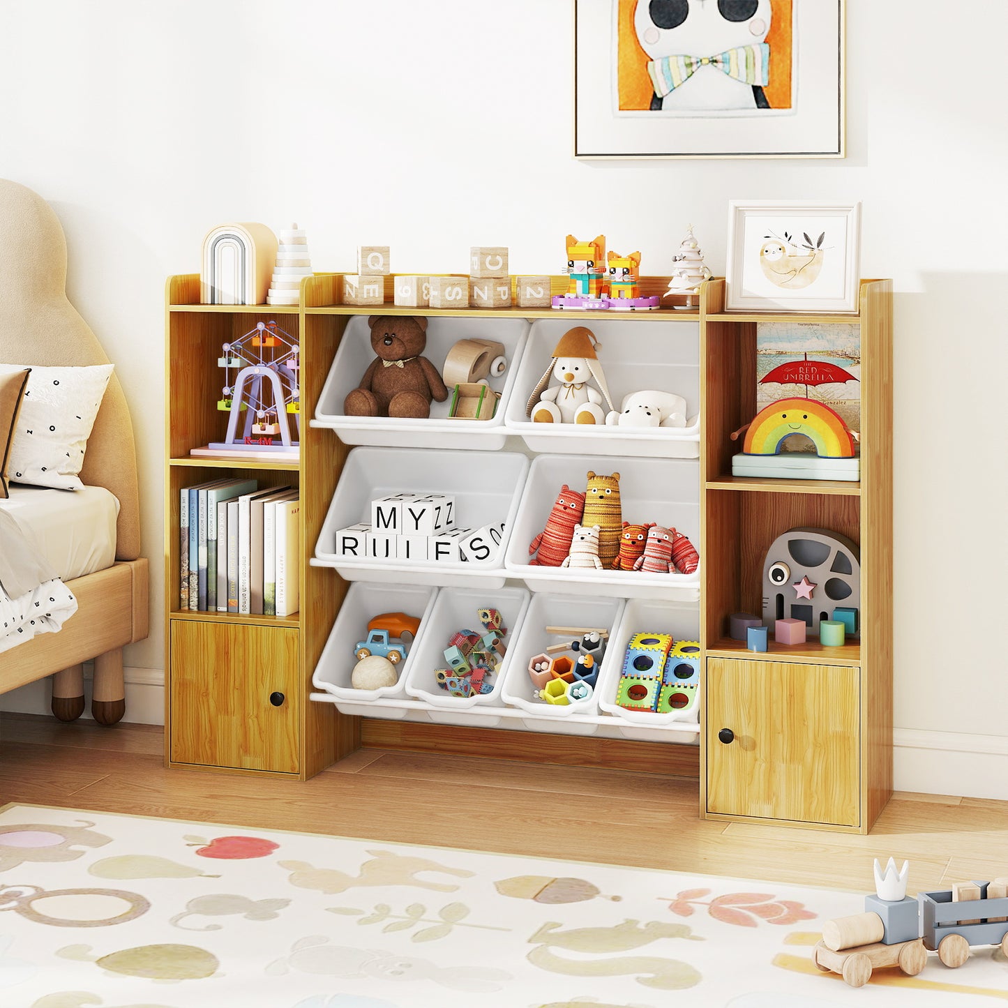 Kids Toy Storage and Bookshelf with Boxes and Open Shelves-Beige