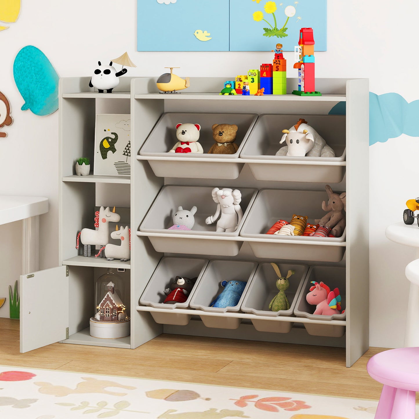Kids Toy Storage and Bookshelf with Open Shelves and Single-door Cabinet-Gray