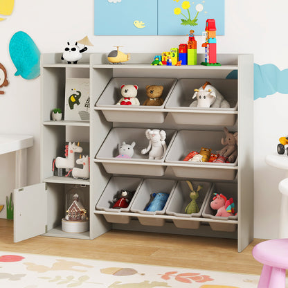 Kids Toy Storage and Bookshelf with Open Shelves and Single-door Cabinet-Gray