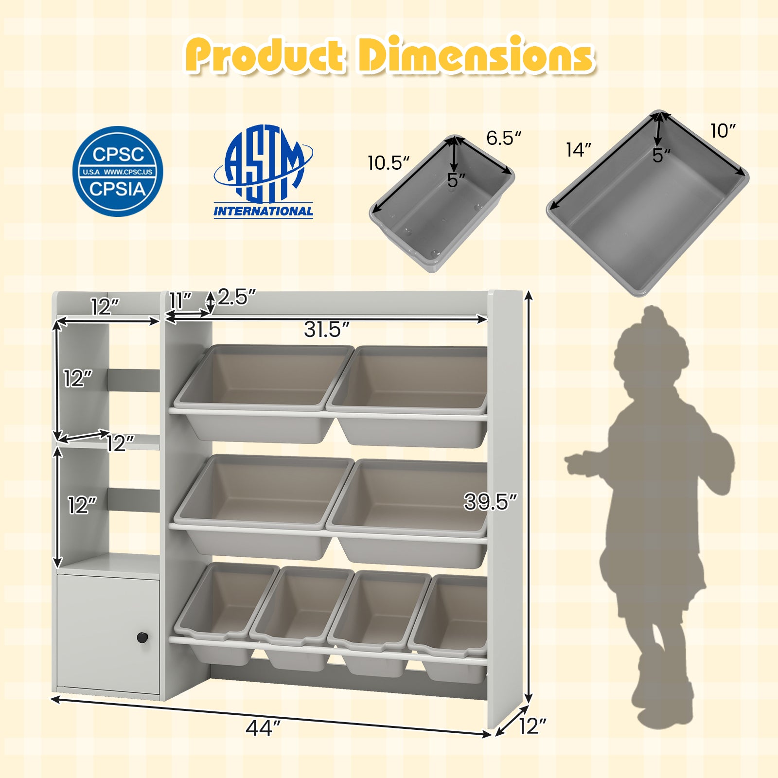 Kids Toy Storage and Bookshelf with Open Shelves and Single-door Cabinet-Gray