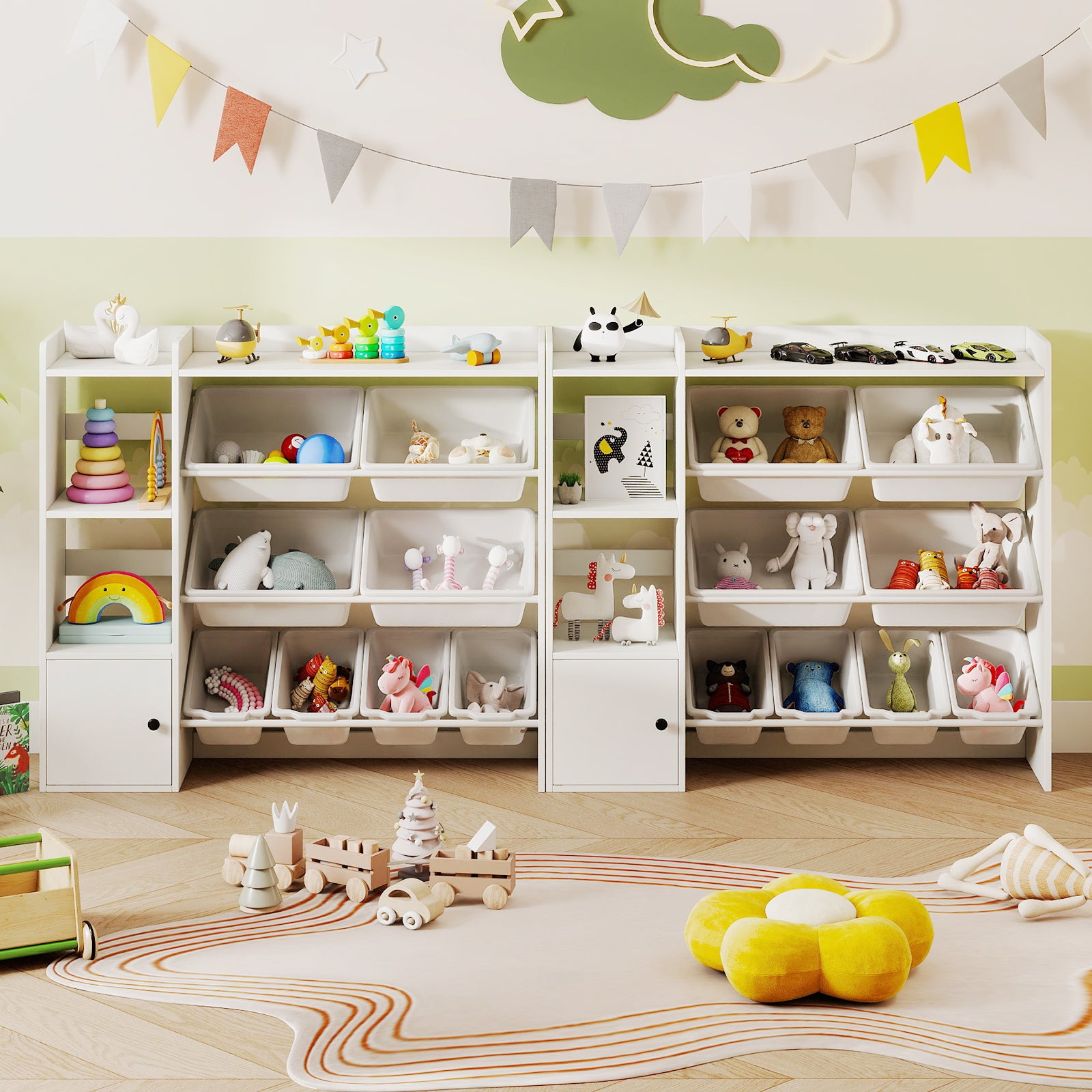 Kids Toy Storage and Bookshelf with Open Shelves and Single-door Cabinet-White