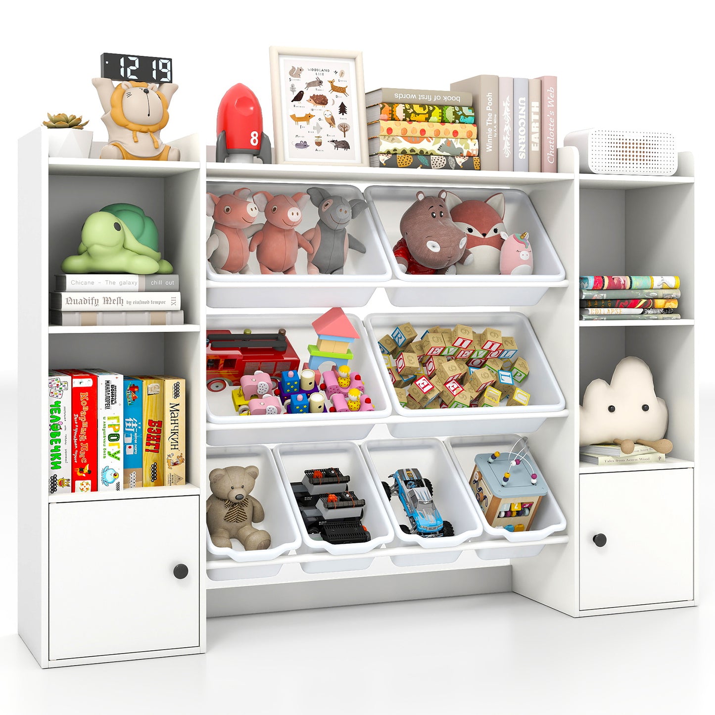 Kids Toy Storage and Bookshelf with Boxes and Open Shelves-White