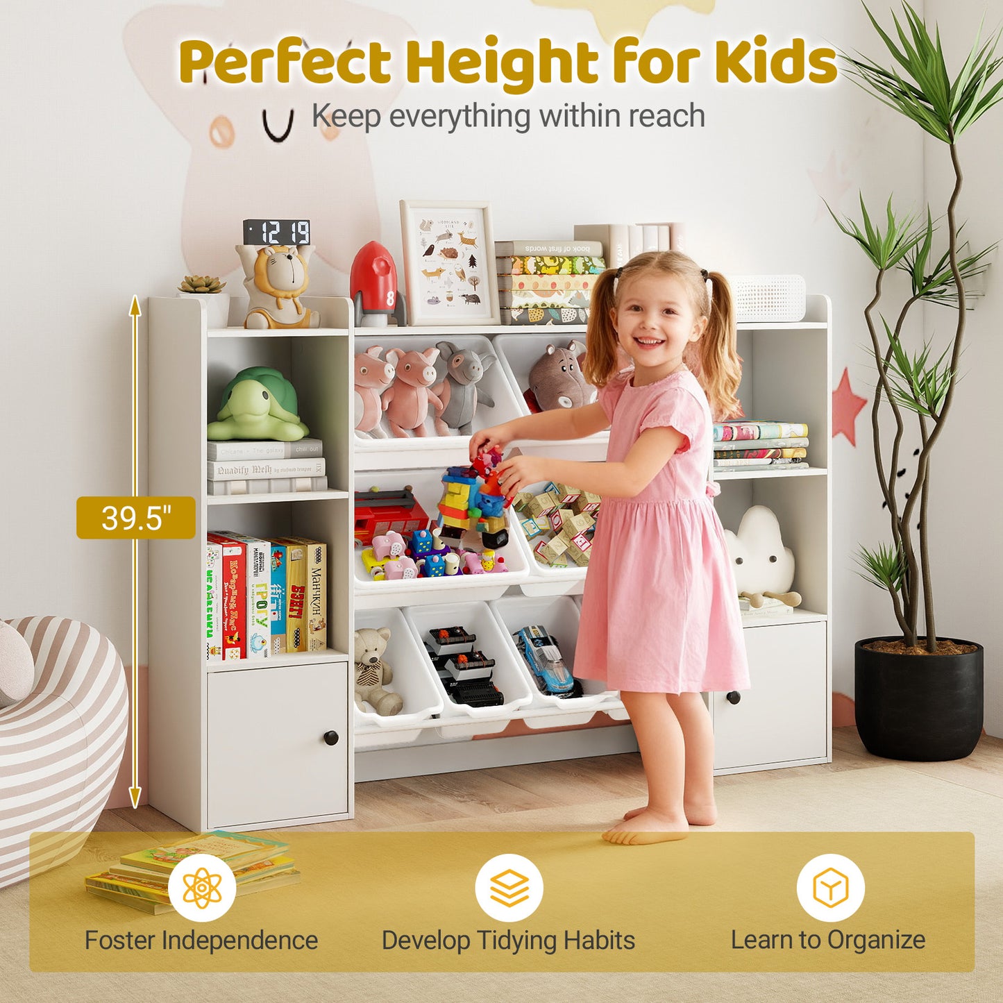 Kids Toy Storage and Bookshelf with Boxes and Open Shelves-White