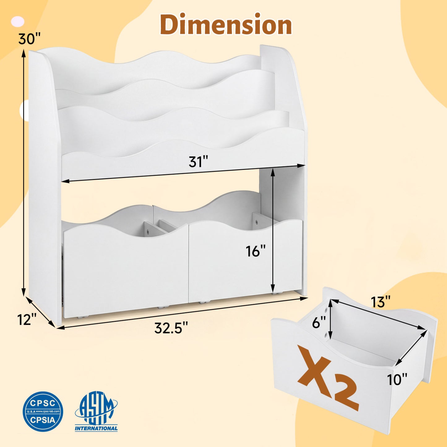 Kids Storage Organizer with Rolling Drawers and Bookshelf