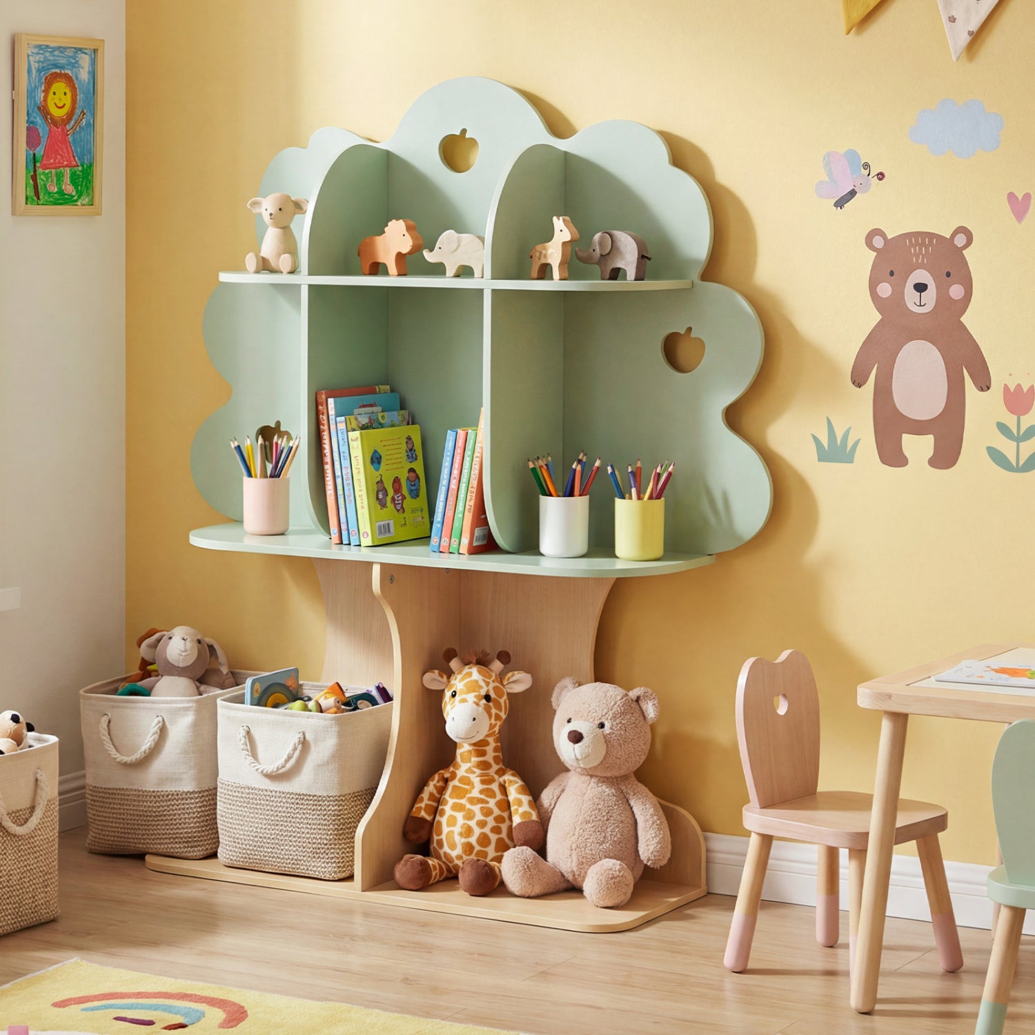 Kids Tree Bookshelf 45" Tall Freestanding Bookcase with Open Shelves-Green