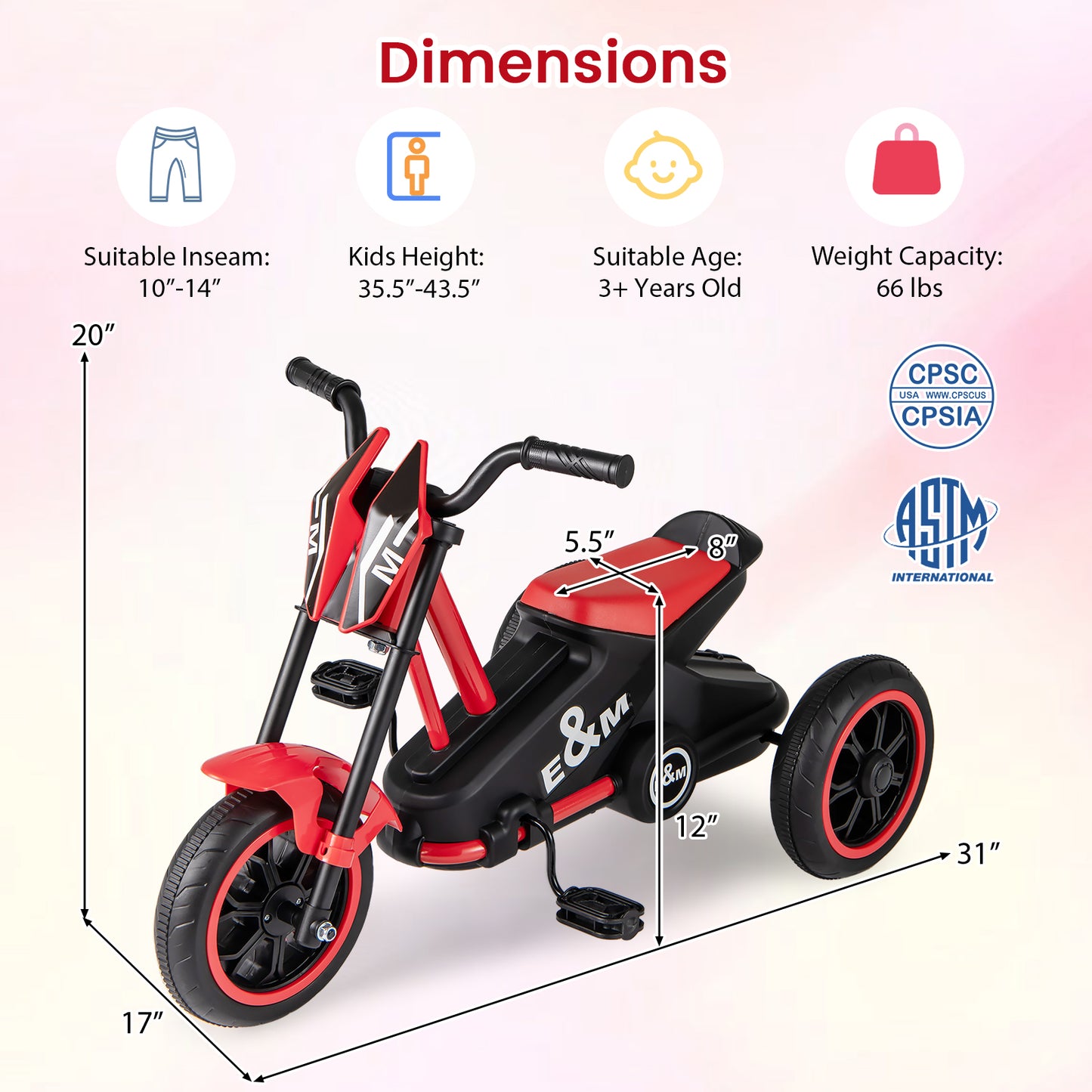 Kids Tricycle 3-Wheel Toddler Bike with Foot Pedals Forward Backward-Red