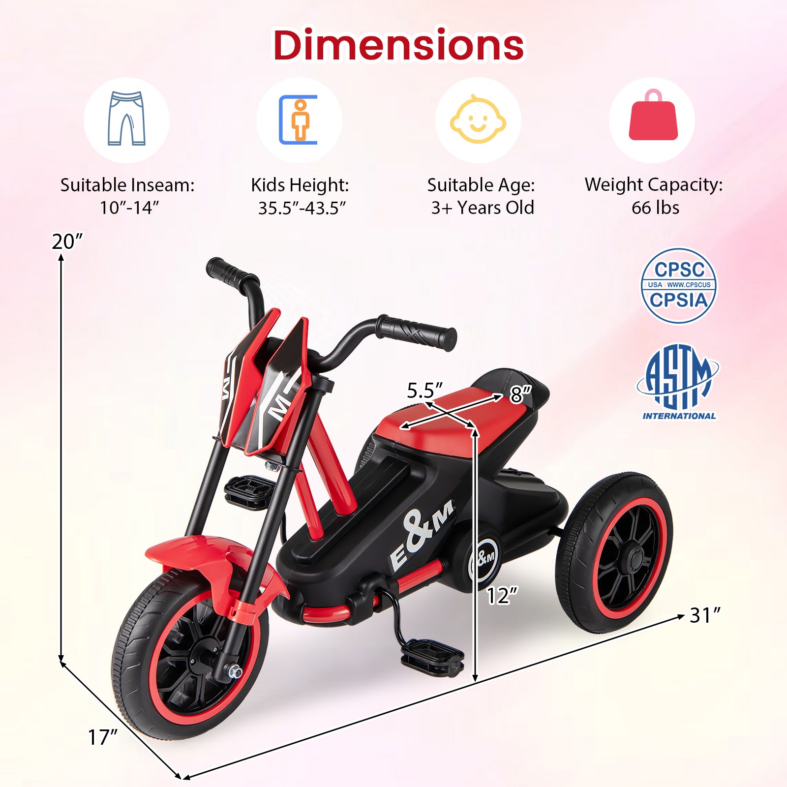 Kids Tricycle 3-Wheel Toddler Bike with Foot Pedals Forward Backward-Red