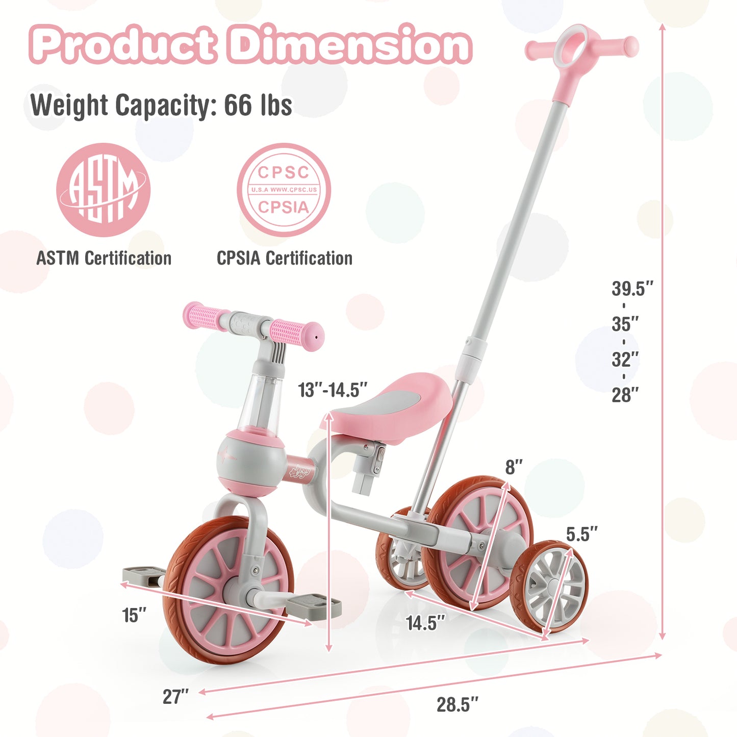 4-in-1 Kids Tricycle with Adjustable Parent Push Handle for 2-4 Years Old-Green - Pink