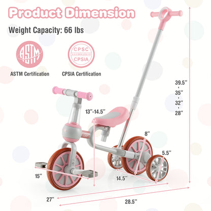 4-in-1 Kids Tricycle with Adjustable Parent Push Handle for 2-4 Years Old-Green - Pink
