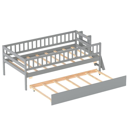 Twin Bed with Trundle, Bookshelf & Ladder for Kids