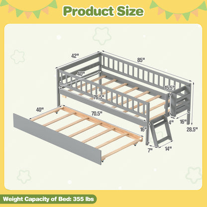 Twin Bed with Trundle, Bookshelf & Ladder for Kids