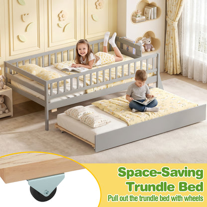 Twin Bed with Trundle, Bookshelf & Ladder for Kids