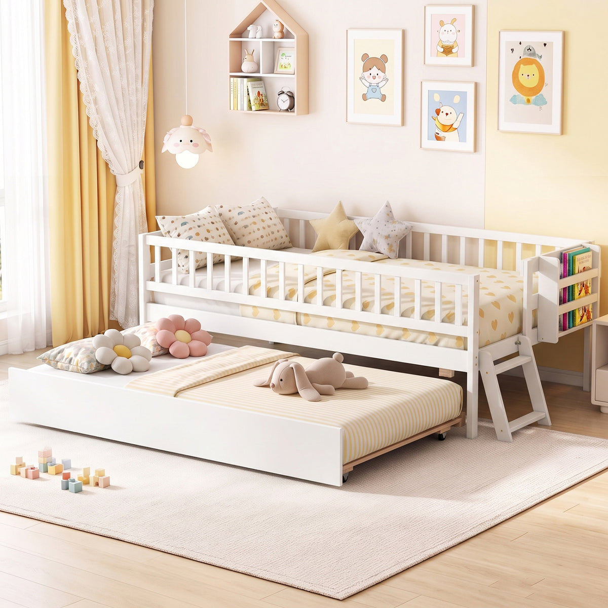 Twin Bed with Trundle, Bookshelf & Ladder for Kids