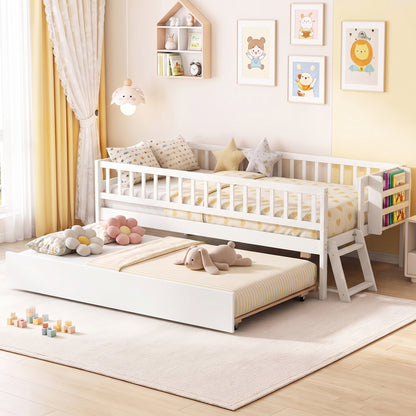 Twin Bed with Trundle, Bookshelf & Ladder for Kids